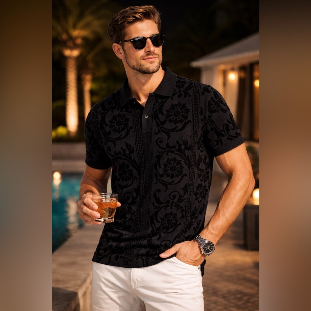 Albertini Velvet Flocked Baroque Polo Shirt Black Designer Style Stretch Cotton